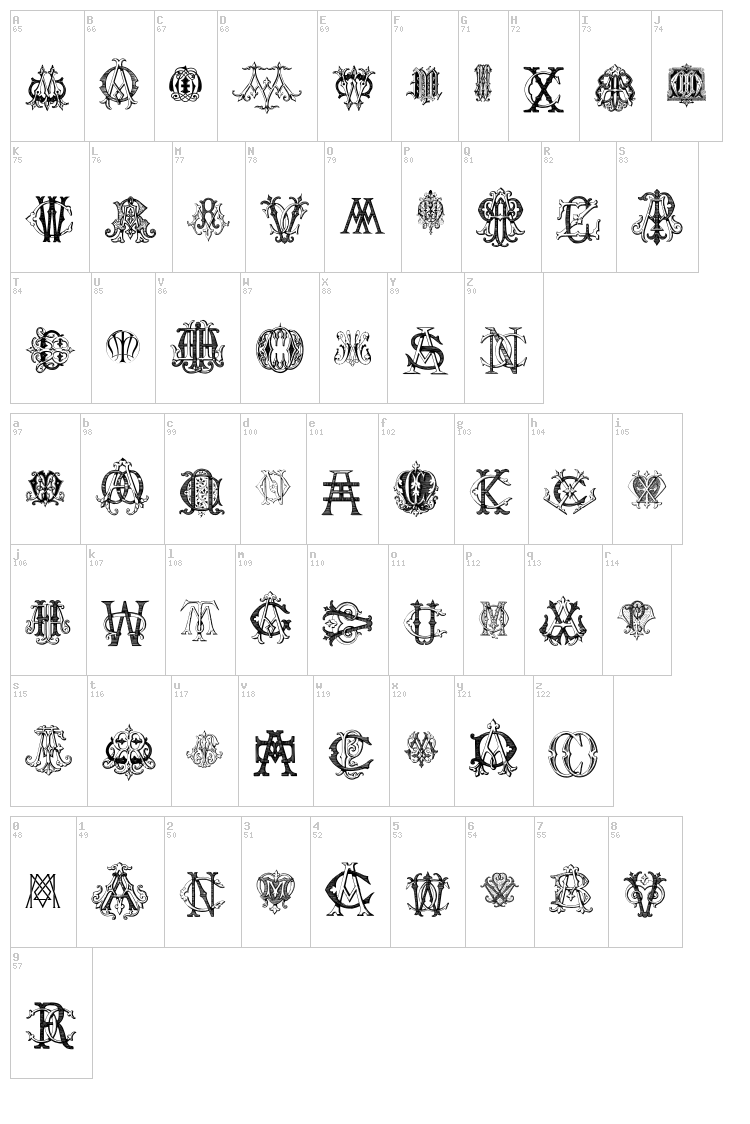 Intellecta Monograms Random Samples Five font map